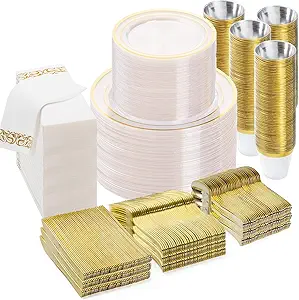 700PCS Clear Gold Disposable Dinnerware Set for 100 Guests, Plastic Plates for Party, Wedding, Include: 200 Plastic Plates, 100 Gold Silverware, 100 Cups, 100 Napkins