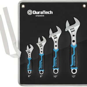 DURATECH 4-Piece Adjustable Wrench Set, 6-inch, 8-inch, 10-inch, 12-inch, 3-in-1 Spanner with Box End/Hex Function, CR-V Steel, Chrome-plated, Bi-material soft Grip, with Rolling Bag
