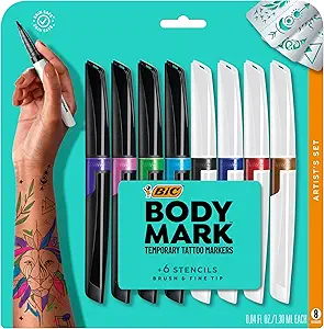 BODYMARK BIC Temporary Tattoo Markers – 8-Count Artist Set, Skin-Safe, Long Lasting, Mixed Brush Tips, Assorted Colors, Stencils Included for Custom Temporary Tattoos & Body Paint