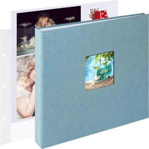 12x12 Inch Large 3 Ring DIY Scrapbook Photo Album Journal with 30 Plastic Sleeves 60 Pages and Fabric Cover for Baby Travel Wedding Anniversary kids Adventure (Cyan Blue Cover/White Pages)