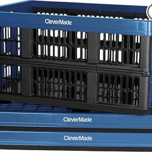CleverMade Collapsible Utility Crates - Ocean 3 Pack 45L / 11 Gal holds 66 lbs - Stackable Containers Heavy Duty Capacity Crates Space-Saving Baskets