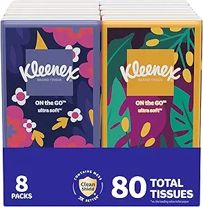 Kleenex On-The-Go Facial Tissues, 8 On-The-Go Packs, 10 Tissues per Box, 3-Ply (80 Total), Packaging May Vary