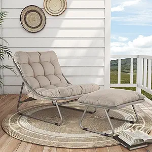 Grand patio Outdoor Lounge Chair with Foot Stool, Comfy Sling Recliner Chair with Puffy Cushion and Foot Rest, Modern Patio Furniture Set for Porch Deck Garden, Champagne Gray