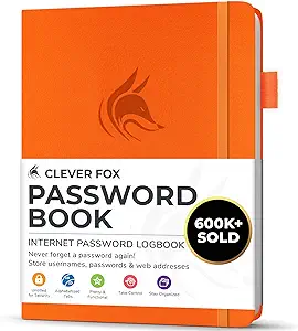Clever Fox Password Book with alphabetical tabs. Internet Address Organizer Logbook. Small Pocket Password Keeper for Website Logins (Orange)