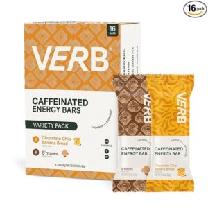 Verb Energy - Caffeinated Energy Bars Variety Pack 110-Calorie Low Sugar Snack Bar - Nutrition Bars - Vegan Snacks - Gluten Free Breakfast Bars with Organic Green Tea, 26g (Pack of 16)