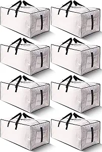 8 Pack Large Strong Moving Bags with Zippers & Carrying Handles - Water-Resistant - Heavy Duty Storage Tote for Space Saving, Fold Flat, Alternative to Moving Box (Semi-Transparent)