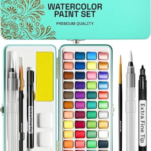 ARTISTRO Watercolor Paint Set, Vivid Colors in Portable Box, Palette set, Including Metallic and Fluorescent Colors. Perfect Travel Watercolor Set for Artists, Amateur Hobbyists and Painting