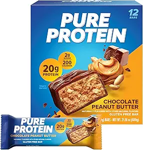 Pure Protein Bars, High Protein, Nutritious Snacks to Support Energy, Low Sugar, Gluten Free, Chocolate Peanut Butter, 1.76oz, 12 Count (Packaging May Vary)