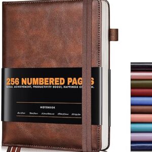 Lined Journal Notebook for Women Men, 256 Numbered Pages Hardcover Leather Journals for Writing, A5 Journaling Notebooks, College Ruled Journal for Business Work School Note Taking 5.75" x 8.38" Brown