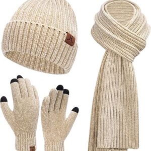 Womens Winter Knit Warm Hat Beanie Long Scarf Touch Screen Gloves Set Skull Caps Neck Scarves for Women