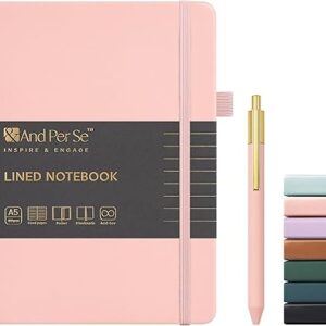 A5 Lined Leather Journal and Pen Set, Hardcover Notebook with Pen, 160 Pages 100gsm Thick Ruled Paper for Men Women, for Work, Business, School or Home Writing, 5.7'' x 8'' (Pink-Set1)