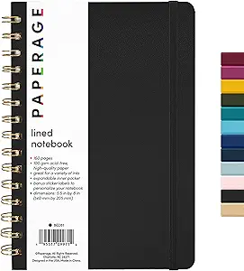 PAPERAGE Lined Spiral Journal Notebook, (Black), 160 Pages, Hardcover Journal for Women & Men, Medium 5.5 in x 8 in - 100 GSM, Thick Paper, Spiral Notebook for Work, School & Journaling