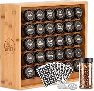 AllSpice Spice Rack Organizer, Wood, 525 Unique Labels, Countertop or Wall Mount, Includes 30 4oz Jars- Bamboo