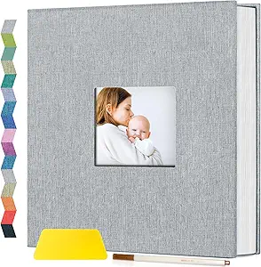 popotop Photo Album Self Adhesive with Picture Display Window,40 Pages DIY Baby Memory Book for 4x6 8x10 Picture,Linen Cover Scrapbooking Supplies Kit for Wedding,with Scraper and Metallic Pen