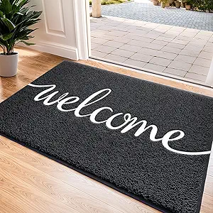 Black Door Mat Welcome Mats Outdoor Indoor Non-Slip Doormat for Entryway Low-Profile Floor Mat for Yard, Garage, High Traffic Areas (30"x17.5", Black)