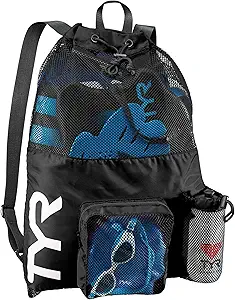 TYR Big Mesh Mummy Backpack for Swim, Gym and Workout Gear, Black, 40-Liter Capacity