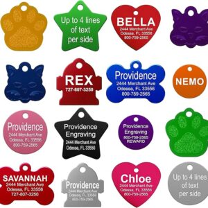 Providence Engraving Pet ID Tags - Small or Large Personalized Anodized Aluminum Pet Tags in Bone, Round, Star, Heart, Hydrant, Paw and Cat Face Shapes and 9 Colors for Dog and Cat