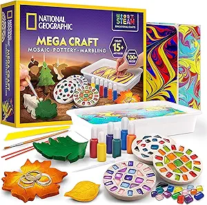 National Geographic Mega Arts and Crafts Kit for Kids – Mosaic Kit, Marbling Paint Kit & Air Dry Clay Pottery Kit – Art Projects for Kids Ages 8-12, Crafts for Girls and Boys (Amazon Exclusive)