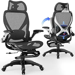 X100 Ergonomic Office Chair with Footrest, Big and Tall Home Desk Chair with 5D Flip-Up Arms, Adjustable 3D Adaptive Lumbar Support,High Back Rolling Computer Chair, Swivel Gaming Mesh Chairs