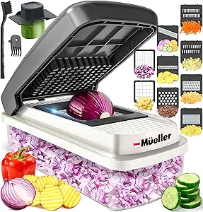 Mueller Vegetable Chopper Mandoline Slicer, Food Veggie Chopper, Cheese Grater, Onion Vegetable Cutter with Container, Dicer, Kitchen Gadgets & Essentials, White Sand/Grey