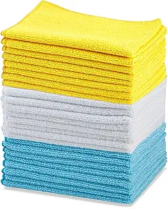 Amazon Basics Microfiber Cleaning Cloths, Ultra Absorbent, Lint Free, Streak Free, Non-Abrasive, Reusable and Washable, 16" x 12", Blue/White/Yellow, Pack of 24