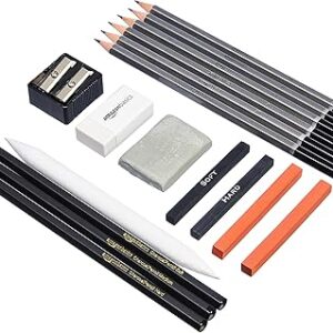 Amazon Basics Sketching and Drawing Art Pencil Kit, Artist Supplies with Pencils, Erasers, Sharpener, Charcoal, Black, White, 17 Piece Set