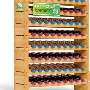 NutriChef Bamboo Stackable Wine Rack, 8-Tier 72 Bottle Capacity Wine Racks Free Standing Floor, No Tools Assembly, Modular Storage Display Shelf for Kitchen and Cellar 33.5" x 10" x 42"
