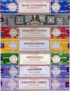 Satya Incense Gift Set Nag Champa, Super hit, Dragon's Blood, Sandalwood, Patchouli, Lavender, Positive Vibes, 15 g
