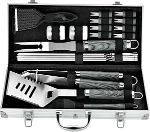 ROMANTICIST 20pcs Heavy Duty BBQ Grill Tool Set in Case - The Very Best Grill Gift for Father's Day and Christmas - Professional BBQ Accessories Set for Outdoor Cooking Camping Grilling Smoking, Grey
