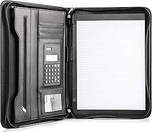 Cossini Black Superior Vegan Leather Business Portfolio with Zipper – Padfolio All-in-One. Smartest Protective 10.1 Inch Tablet Sleeve, Presentation Slot, Solar Calculator, Card Storage, Writing Pad