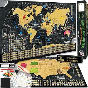 OVANTO Scratch Off World Map & US Map-Durable 17x24” United States Map & World Travel Map with Pins & Accessory Set–Easy to Scratch Off Maps with Colored Details in Name-Tagged Gift Box for Travelers